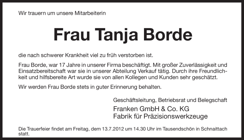  Traueranzeige für Tanja Borde vom 12.07.2012 aus Pegnitz-Zeitung